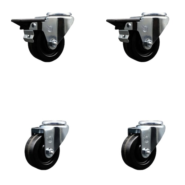 3'' Phenolic Wheel Swivel Bolt Hole Caster Set with 2 Posi Lock Brakes, 4PK